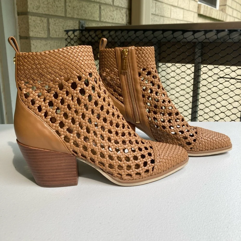 Michael Kors Augustine Tan Brown Woven Leather Ankle Bootie Western Style Boot